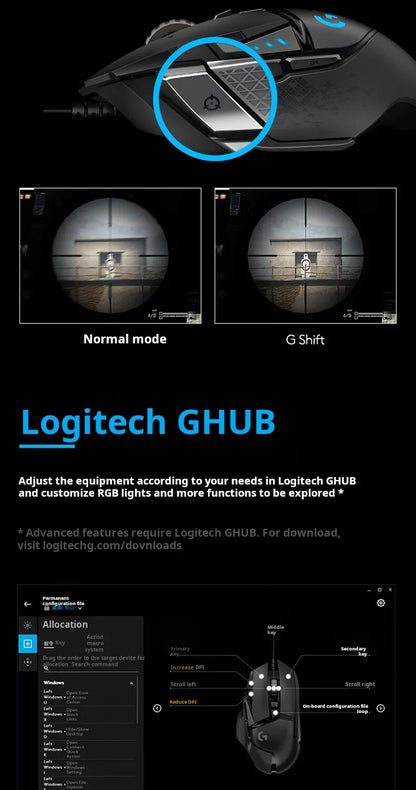 Logitech G502 HERO vysoce výkonná drátová herní myš, senzor HERO 25K, 25,600 DPI, RGB, nastavitelné závaží, 11 tlačítek, myš pro PC/Mac