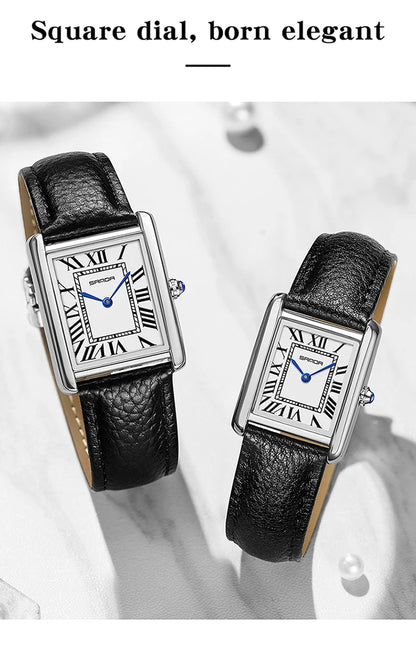 SANDA New Couple Tank Watches Wear Resistant Leather Strap Luxury Square Dial Waterproof Sports Casual Men Women Quartz Watches