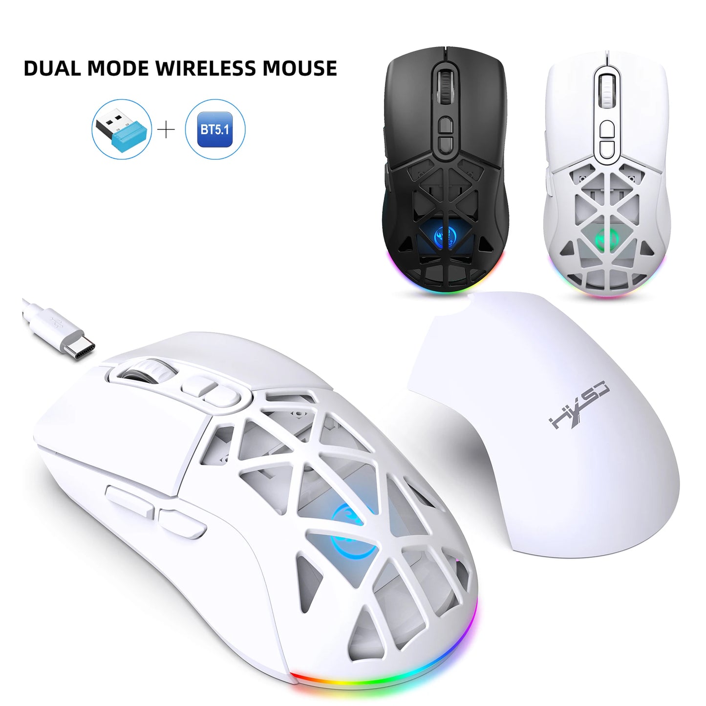 HXSJ T26 Dual Mode Gaming Mouse 2.4G+BT5.1 Wireless Mouse Gaming for Laptop 4800DPI Adjustable Ergonomic Optical Computer Gamer
