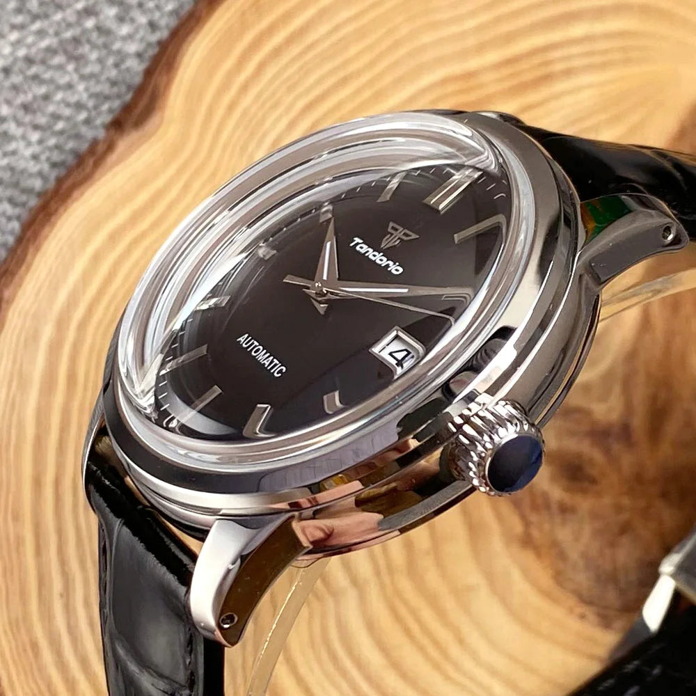 Tandorio 40mm Japanese NH35 Automatic 200M Diving Watch Men Beige Dial Bubble Sapphire Polished Case Glass Back Screw Crown