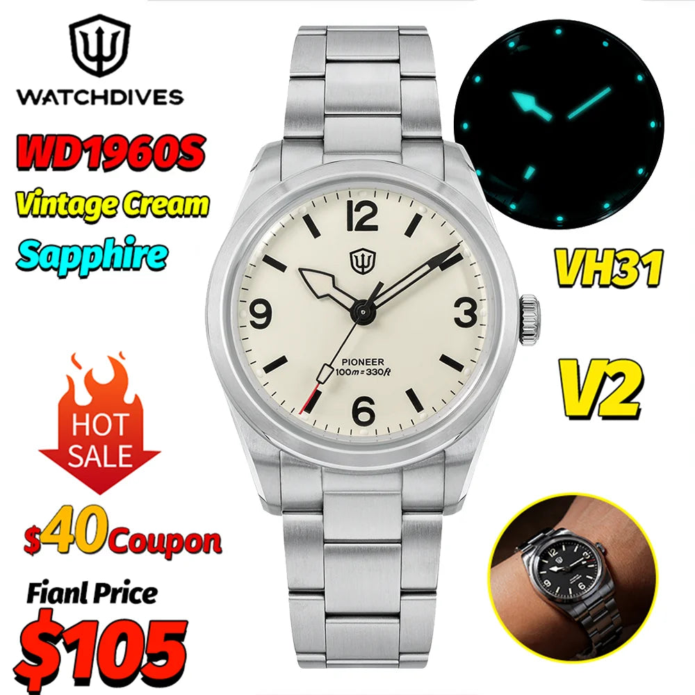 Watchdives WD1960S V2 36Mm Vintage Cream Man Watches VH31 Sweep Seconds Quartz Watch Bubble K1 Sapphire Luminous Stainless Steel