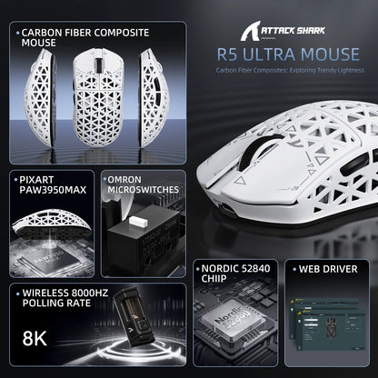 Rato Gaming Sem Fios ATTACK SHARK R5 Ultra Carbon Fiber, Sensor Gaming PixArt PAW3950MAX, 42000DPI, 8000Hz, MCU Nordic 52840