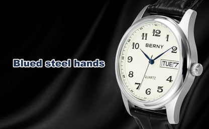 BERNY Quartz Watch for Men Miyota 2405 Business Male Wristwatch Day Top Calendar Genuine Leather Classic Men Watches Waterproof