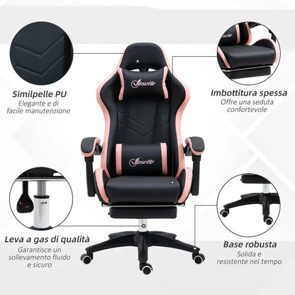 Adjustable Height Gaming Chair with Headrest, Ergonomic Gaming Chair with Footrest, PU Leather Computer Chair for Gaming Desk, Pink & Black
