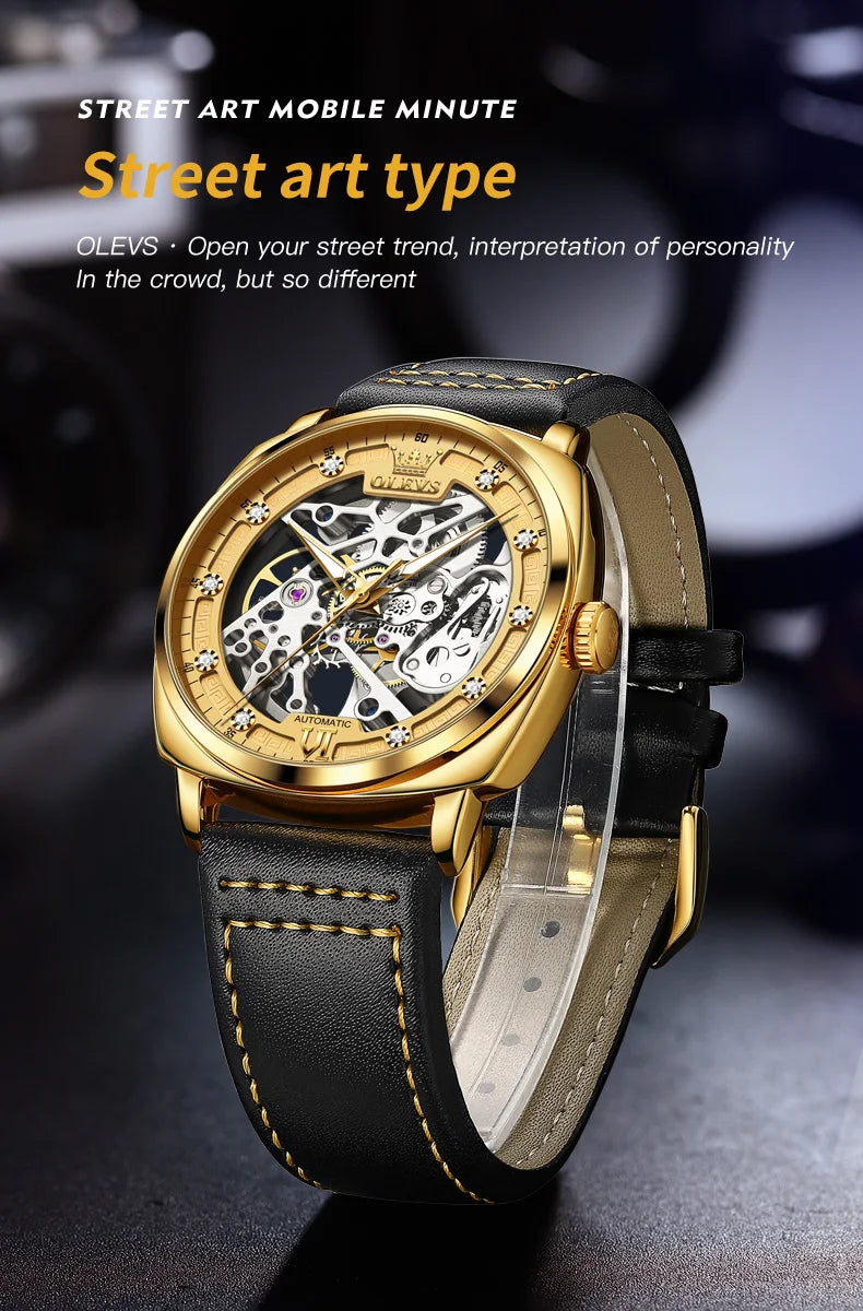 OLEVS 6651 Men's Watch Classic Automatic Mechanical Watch For Men Hollow Skeleton Clock Luxury Leather Waterproof Wrist Watches