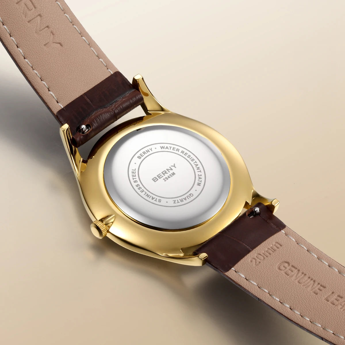 BERNY Luxury Watches for Men Classic Elegance Slim Dress Gold Quartz Men's Watch Leather Strap Fashion Business Wristwatch