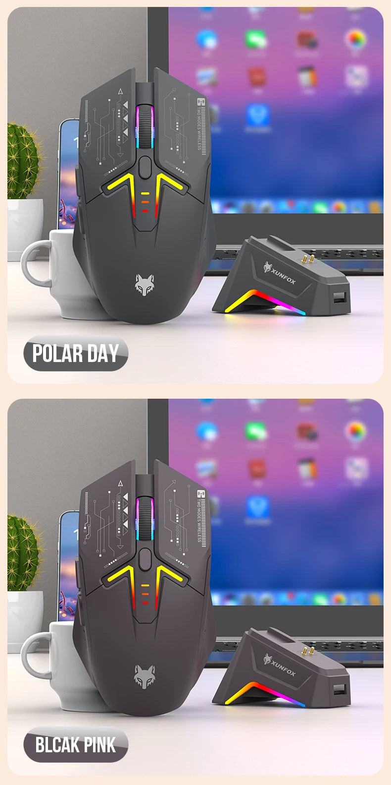 XUNSVFOX H2 langaton Bluetooth-kaksoistilahiiri RGB-valaistustehosteella kannettavalle, pelaamiseen ja toimistokäyttöön, magneettinen lataus
