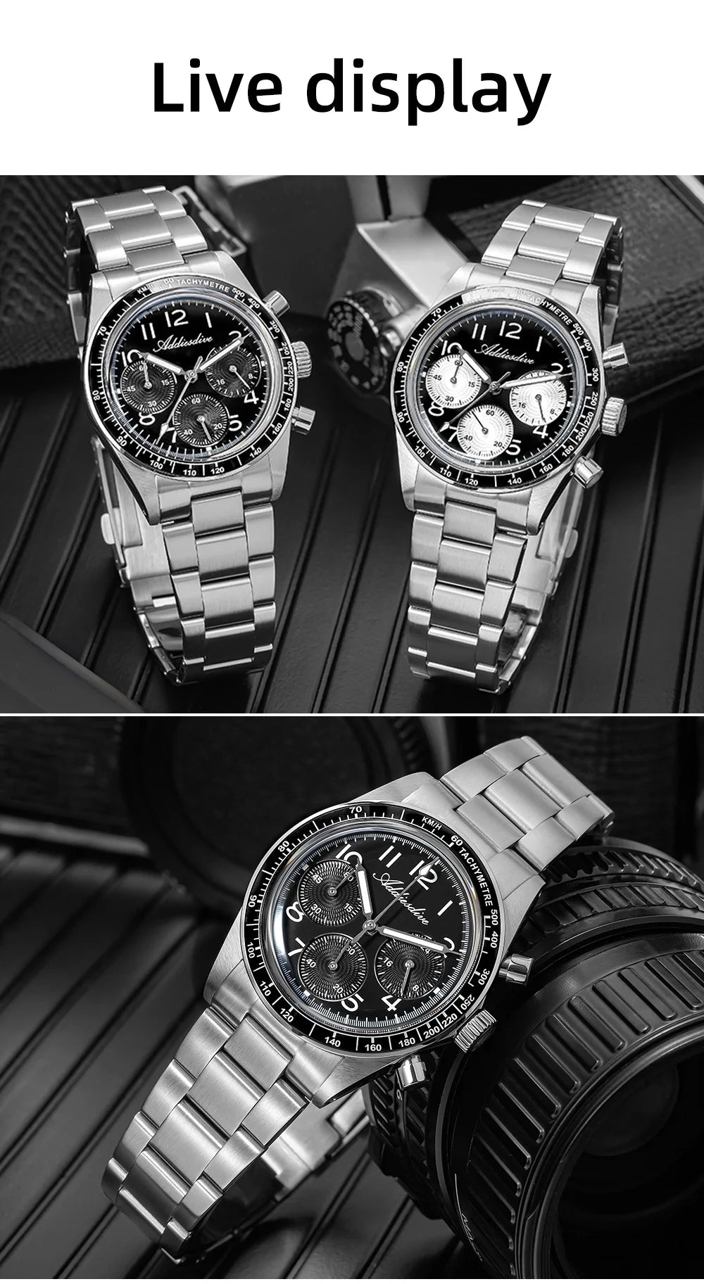 ADDIESDVIE Men Watch Reloj Hombre 10Bar Waterproof AD2517 BGW9 Super Luminous 316L Stainless Steel VK63 Chronograph Quartz Watch