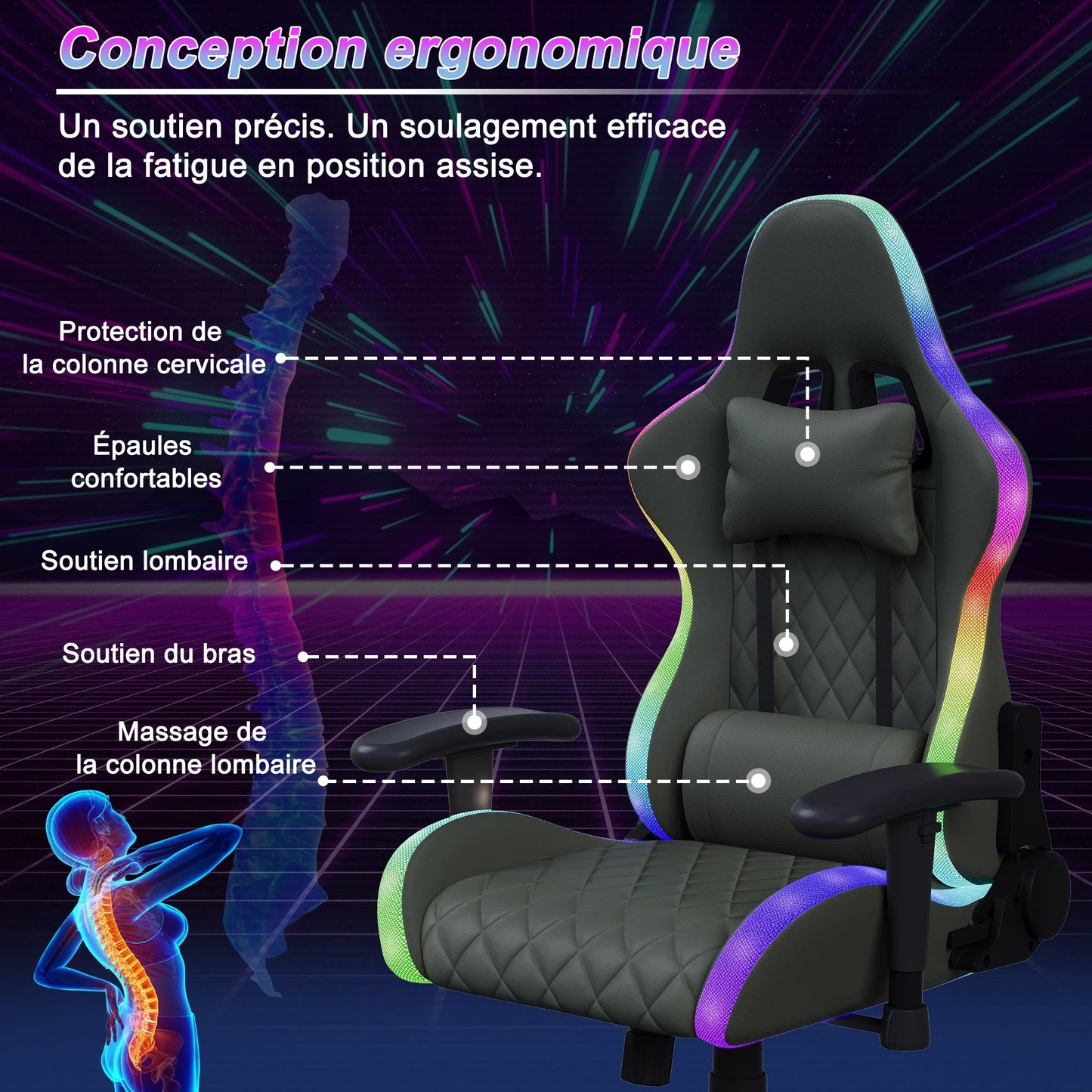 Gaming Chair,Ergonomic Gaming Chair with LED,Adjustable Computer Chair for Teenagers,Lumbar Cushion,Gamer Chair,Black