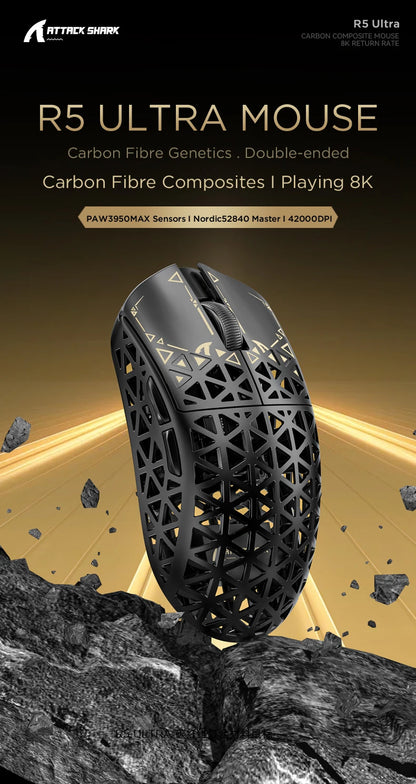 Rato Gaming Sem Fios ATTACK SHARK R5 Ultra Carbon Fiber, Sensor Gaming PixArt PAW3950MAX, 42000DPI, 8000Hz, MCU Nordic 52840