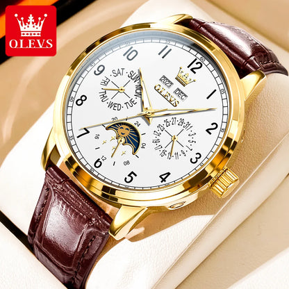 OLEVS 6698 Mens Watch Luxury Dress Brand Moon Phase Automatic Mechanical Watch For Men Leather  Waterproof Dual Calendar Watch