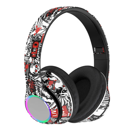P85 Graffiti Wireless Headset Bluetooth 5.3 Gamer Headphones with Microphone Overhead Headphone with LED Light Foldable FM Radio