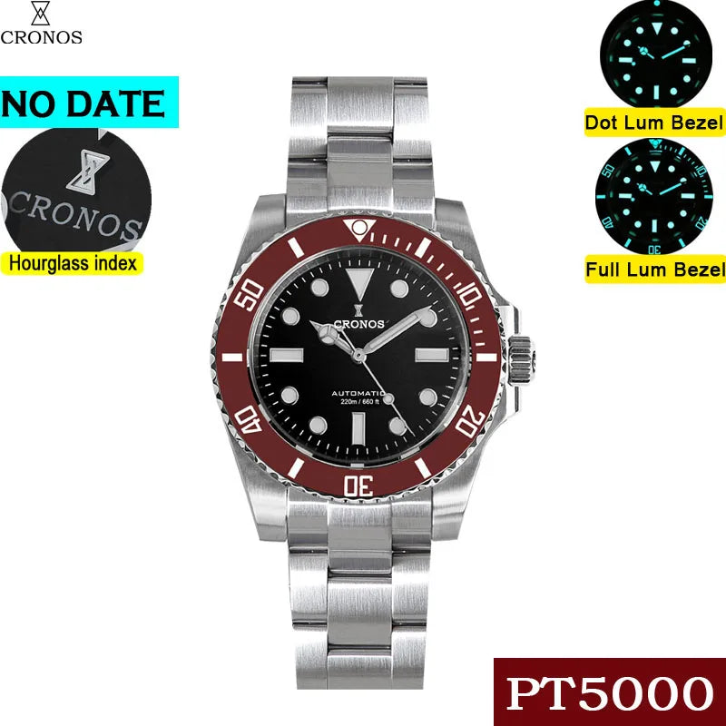 Cronos Sub Diver Men Watch No Date PT5000 Brushed Bracelet Ceramic Bezel 200 meters Water Resistant