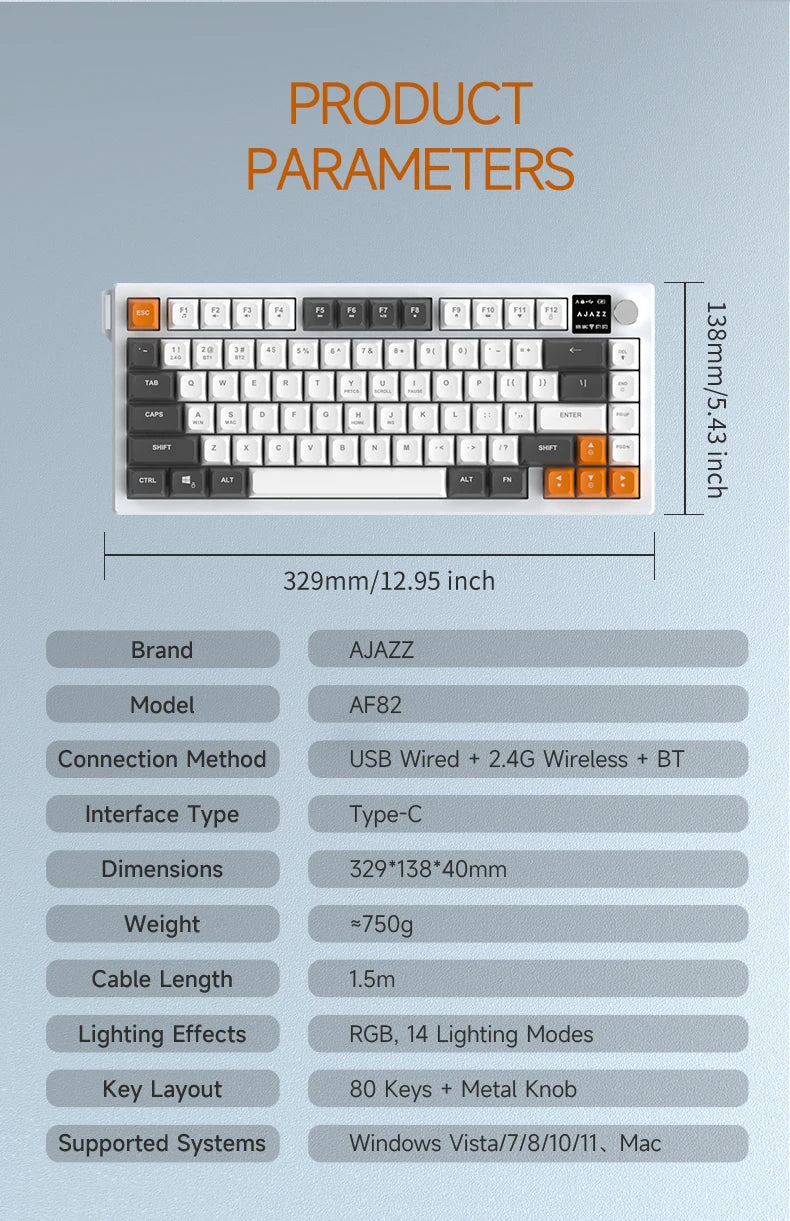 Ajazz AF82 Series 75% Layout Wireless Keyboard with 4000mAh Battery Low Profile Keys Bluetooth Tri-Mode Connectivity  RGB