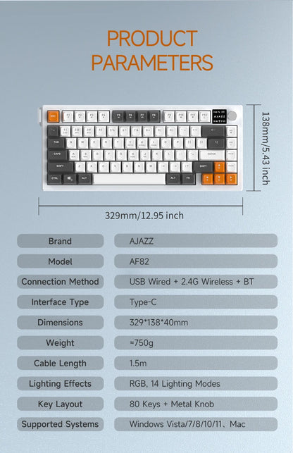 Ajazz AF82 Series 75% Layout Wireless Keyboard with 4000mAh Battery Low Profile Keys Bluetooth Tri-Mode Connectivity  RGB