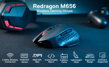 Безжична геймърска мишка Redragon M656 Gainer, 4000 DPI, 2.4Ghz, с 5 нива на DPI, 7 макро бутона, червена LED подсветка