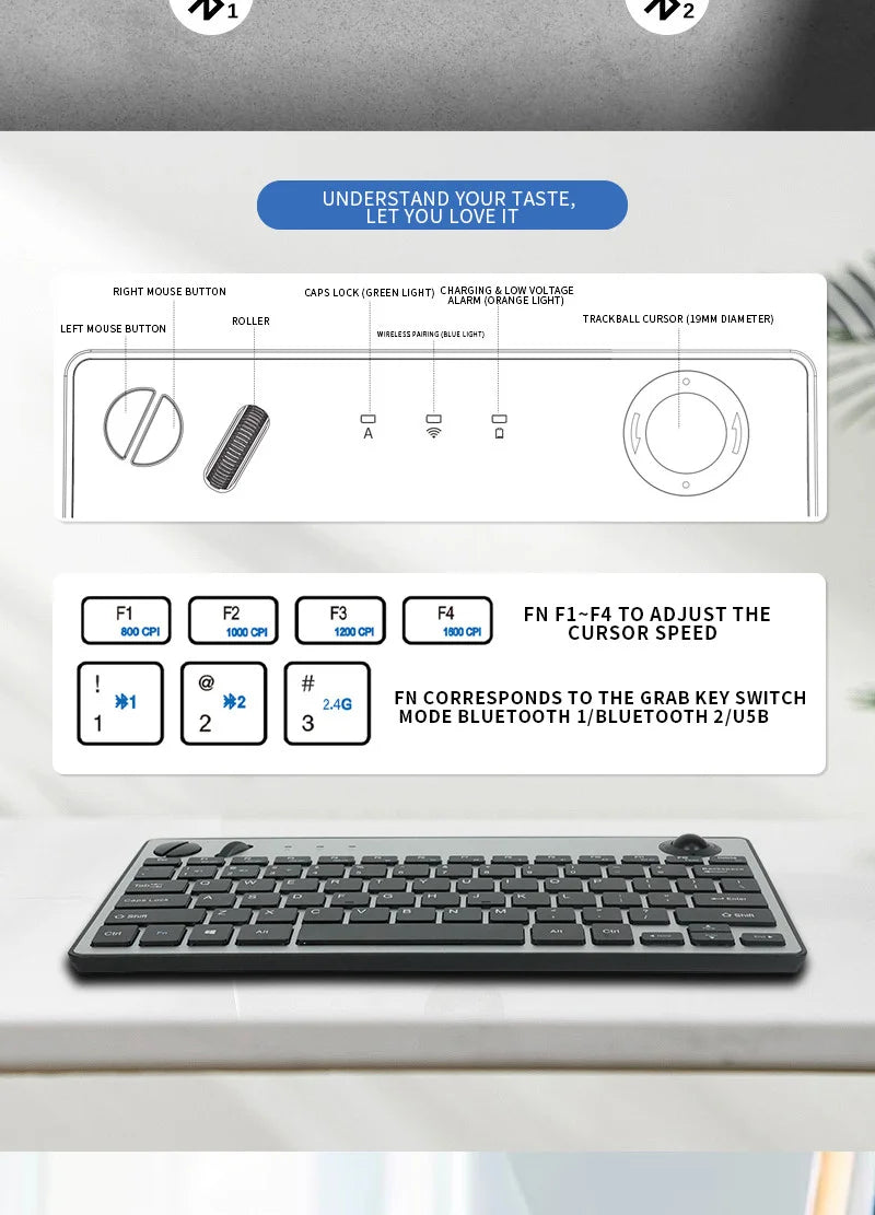 Jomaa Wireless Mini Trackball Keyboard ,78-Key ,Bluetooth Keyboard with Trackball  Air Mouse 1600dpi , for TV iPad Phone Laptop
