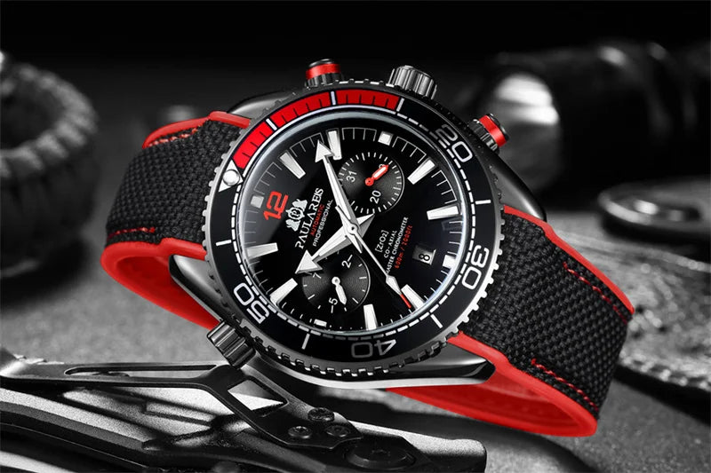 Classic Luxury Men Automatic Watch Multifunction Mechanical Wristwatch Rubber Strap Waterproof Week Date Watches Reloj Hombre
