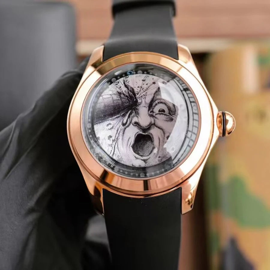 KAFYASE Fashion Earth  Bubble Rubber Automatic Watches Luxury Men 46mm Mechanical Wristwatches Art Eye Ball Dial Classic Watch