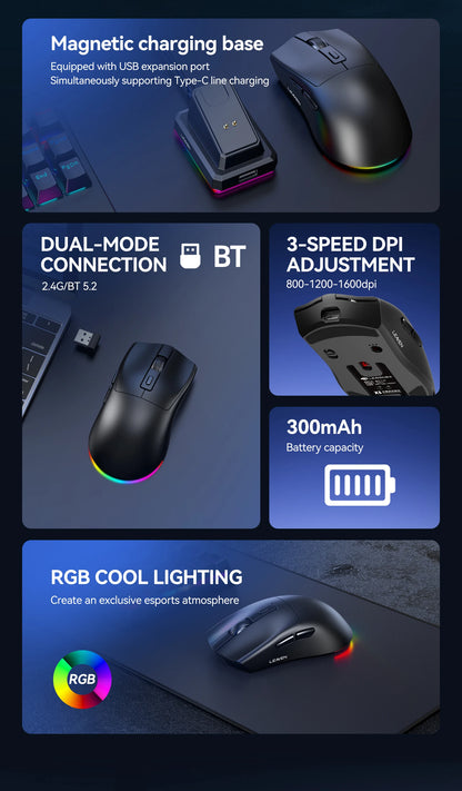 X3 Wireless Bluetooth Mouse 2.4G Dual-Mode Connection, DPI Adjustable,Lightweight Gaming Mouse,RGB Light,300mAh Battery Capacity