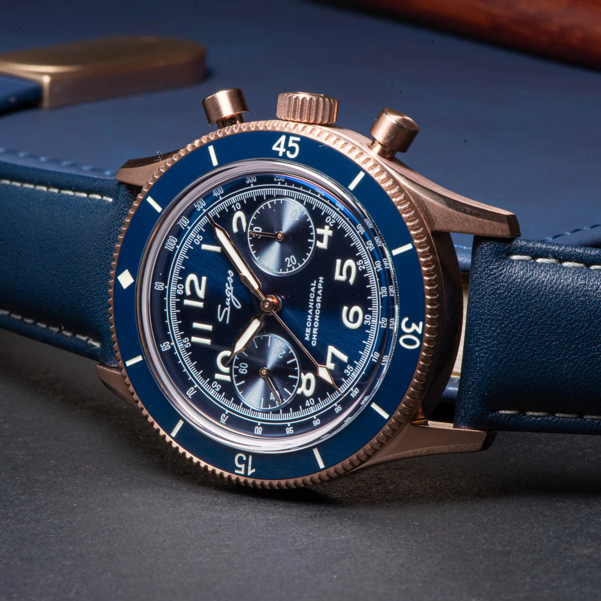Sugess Pilot Watch Handwind Chronograph Mechanical Wristwatches Luminous Skeleton Men Watches Crystal Sapphire Leather New 2022