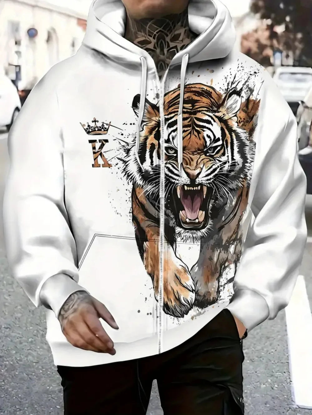 2025 Mens Long Sleeve Zip up Tiger Graphic Hoodie Casual Outdoor Fashion Coat with Drawstring and Pockets Zipup Hoodie for Man