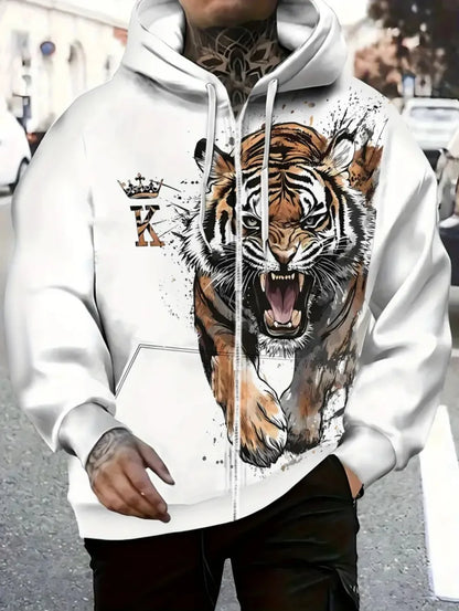 2025 Mens Long Sleeve Zip up Tiger Graphic Hoodie Casual Outdoor Fashion Coat with Drawstring and Pockets Zipup Hoodie for Man