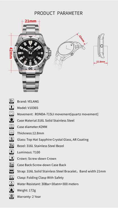 YELANG  V1036 42mm Men Quartz Watch Luminous 10 Years Lithium Movement Rotated Dial 30ATM 300m Waterproof Military Style Watches