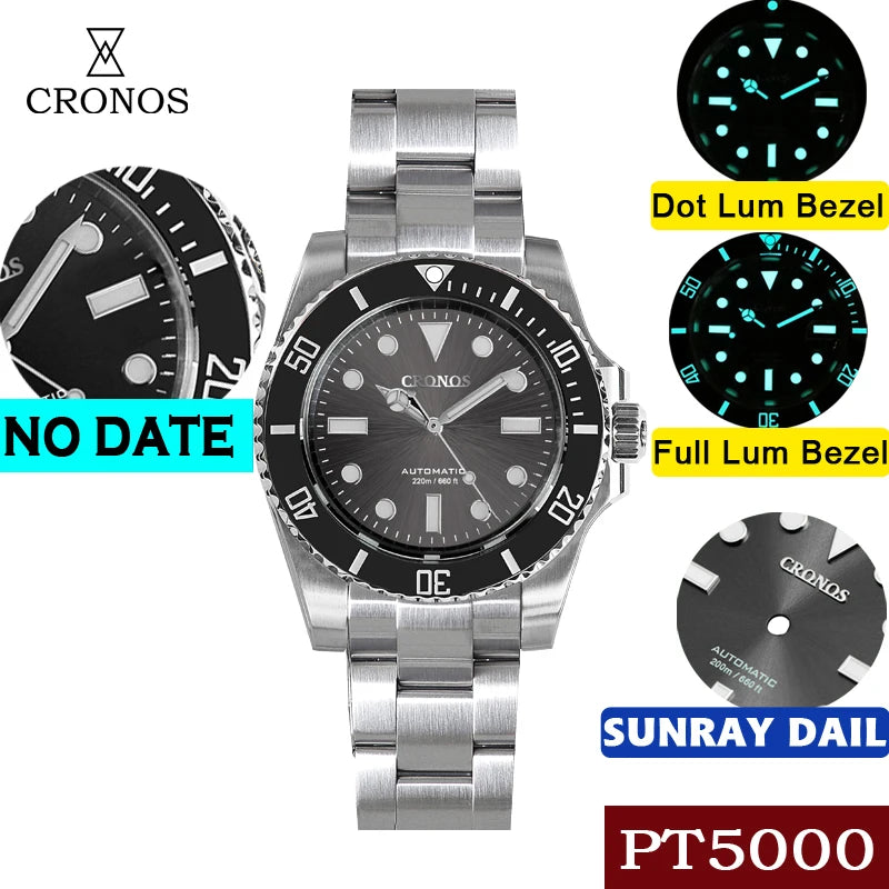 Cronos Sub Diver Men Watch No Date PT5000 Brushed Bracelet Ceramic Bezel 200 meters Water Resistant