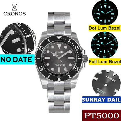 Cronos Sub Diver Men Watch No Date PT5000 Brushed Bracelet Ceramic Bezel 200 meters Water Resistant
