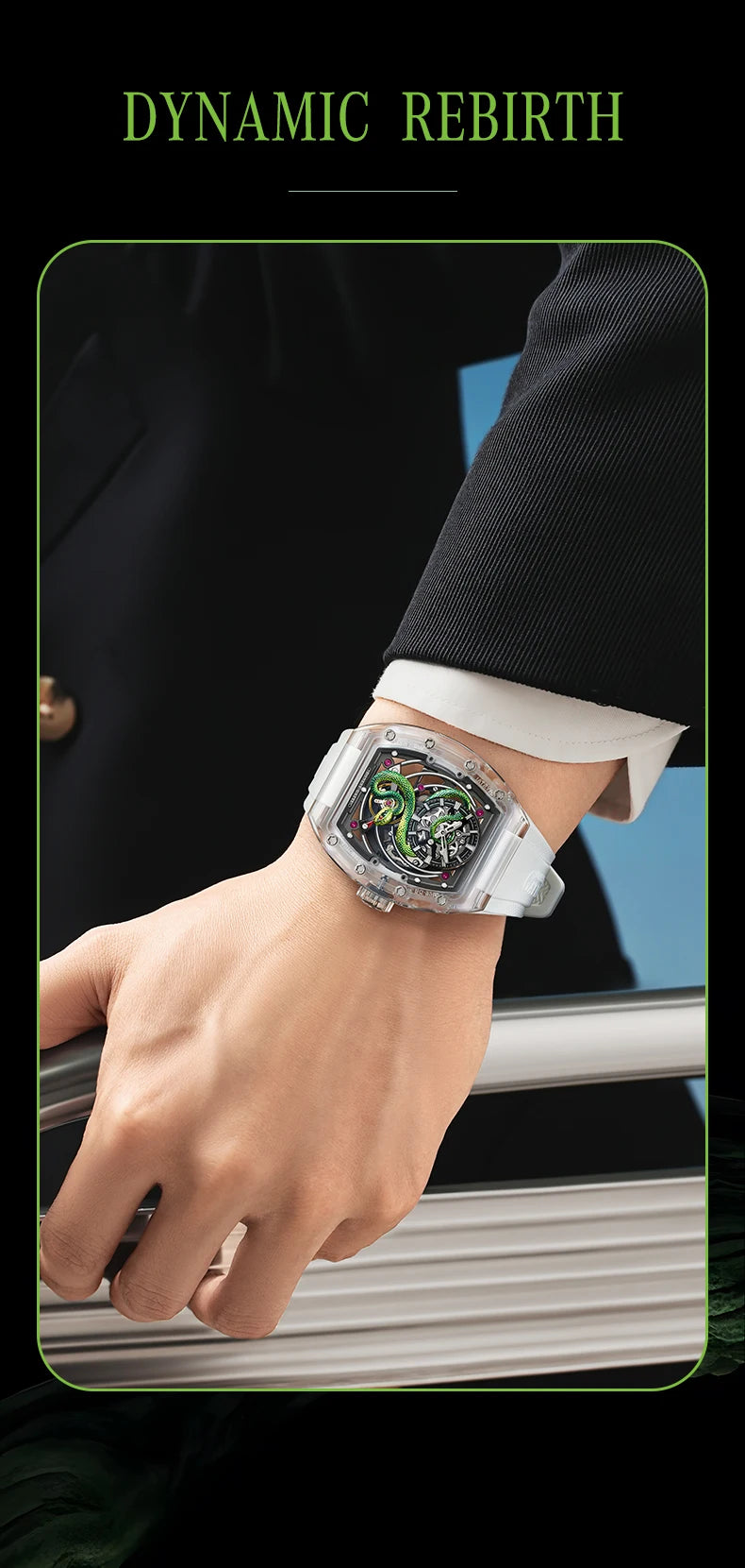 BONEST GATTI Men Mechanical Watch Sapphire Crystal Double Sided Hollow Out Luminous 30M Waterproof Snake Pattern Dial Wristwatch