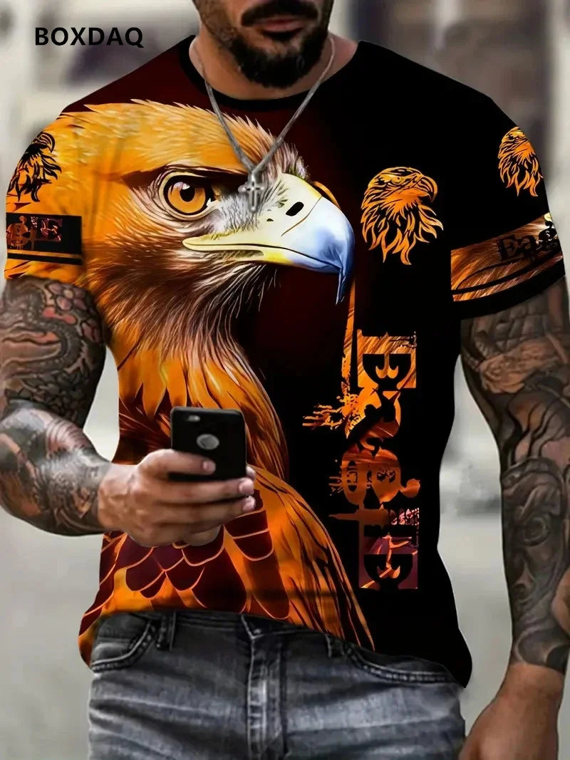 Luźny męski T-shirt Fashion Eagle z okrągłym dekoltem, casualowy top z krótkim rękawem, uliczny T-shirt z nadrukiem 3D zwierzęcia, rozmiar do 6XL, oddychająca koszulka