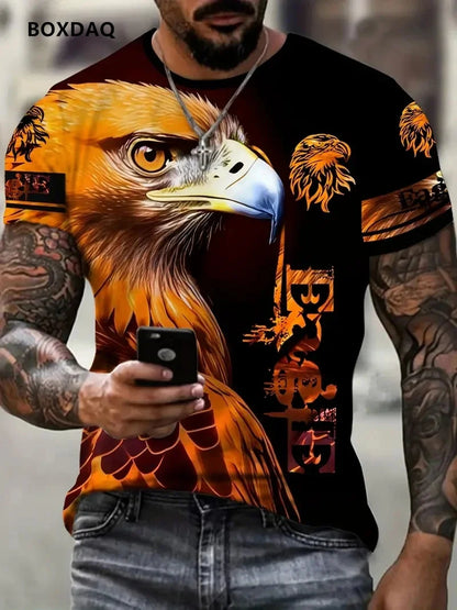 Luźny męski T-shirt Fashion Eagle z okrągłym dekoltem, casualowy top z krótkim rękawem, uliczny T-shirt z nadrukiem 3D zwierzęcia, rozmiar do 6XL, oddychająca koszulka