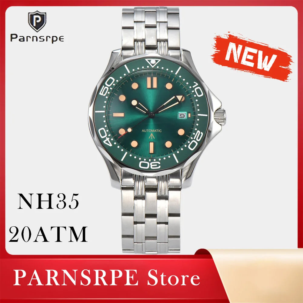 Parnsrpe Nouvelle montre de plongée automatique Miyota 8215 pour homme, sport de luxe, cadran vert, luminescent, verre saphir, date, étanche, bus