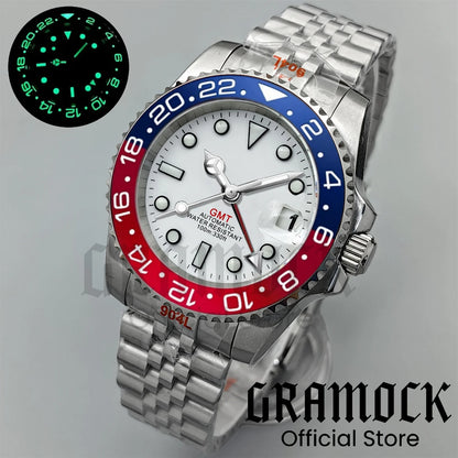 Gramock White Dial Blue GMT 40MM Watch For Men Roating Bezel Sapphire Glass Waterproof Reloj Hombre NH34A Mechanical Wristwatch