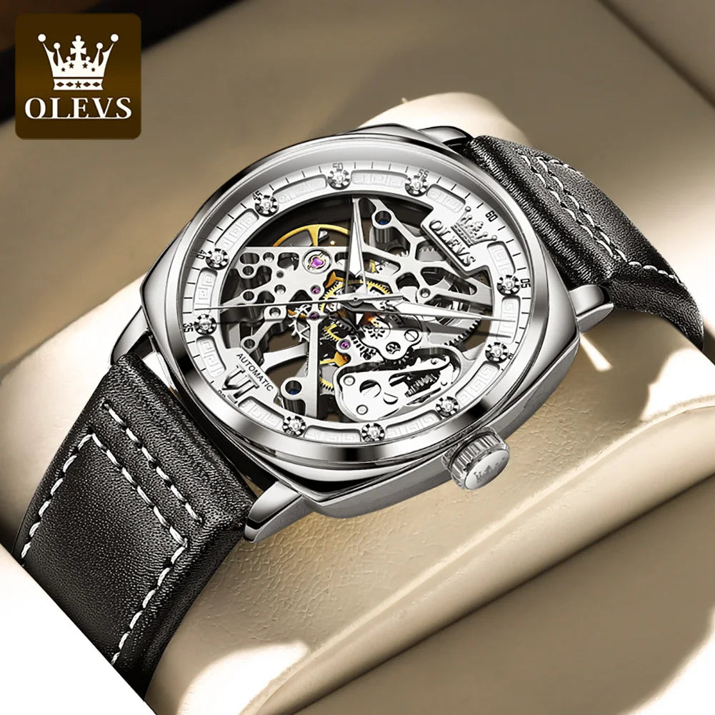 OLEVS 6651 Men's Watch Classic Automatic Mechanical Watch For Men Hollow Skeleton Clock Luxury Leather Waterproof Wrist Watches