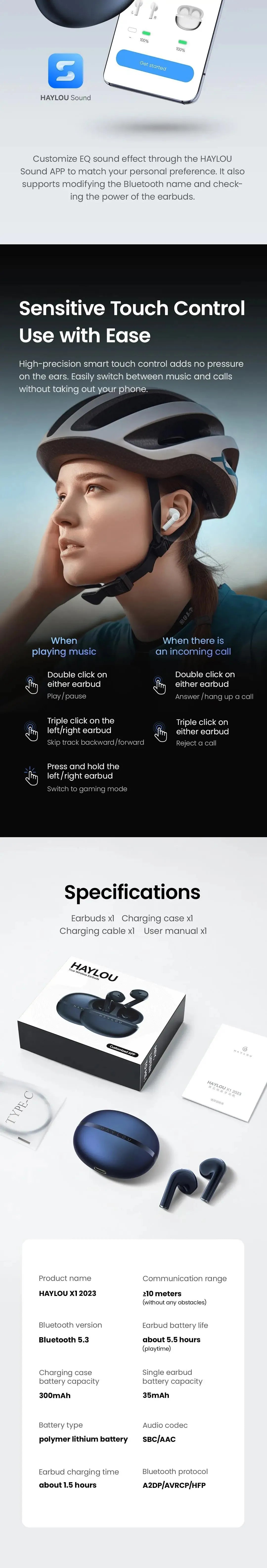 HAYLOU X1 2023 TWS Bluetooth 5.3 Earphone 24H Battery Life Wireless Headphone APP Control  Sports earphones IPX4 Waterproof Earb