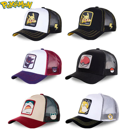 Pokémon-broderad basebollkeps med Pikachu, Gengar, Snorlax och Psyduck – anime-inspirerad, justerbar keps i ventilerande nätmaterial – cosplay-presenter
