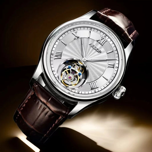 AESOP Mens Mechanical Wristwatches Flying Tourbillon Movement Skeleton Watch for Men Man Luxury Clocks Real Tourbillon Watch
