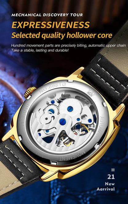 OLEVS 6651 Men's Watch Classic Automatic Mechanical Watch For Men Hollow Skeleton Clock Luxury Leather Waterproof Wrist Watches