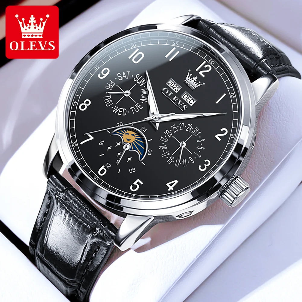 OLEVS 6698 Mens Watch Luxury Dress Brand Moon Phase Automatic Mechanical Watch For Men Leather  Waterproof Dual Calendar Watch