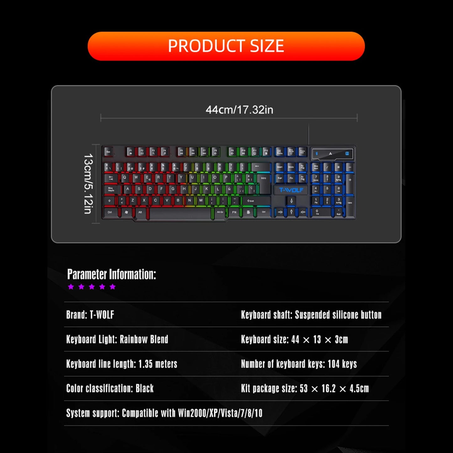 Mechanical feel Gaming Keyboard Light Backlit RGB wired keyboard USB office home  media keys Russian Spanish Arabic English