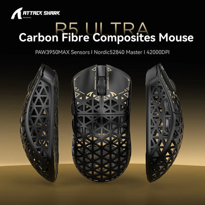 Bezdrátová herní myš ATTACK SHARK R5 Ultra Carbon Fiber, herní senzor PixArt PAW3950MAX, 42000DPI, 8000Hz, MCU Nordic 52840