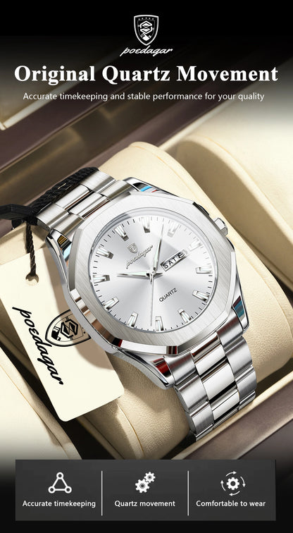 POEDAGAR Luxury Men Wristwatch Waterproof Luminous Week Date Casual Man Clock Stainless Steel Quartz Fashion Men's Watches Reloj
