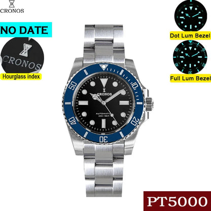 Cronos Sub Diver Men Watch No Date PT5000 Brushed Bracelet Ceramic Bezel 200 meters Water Resistant