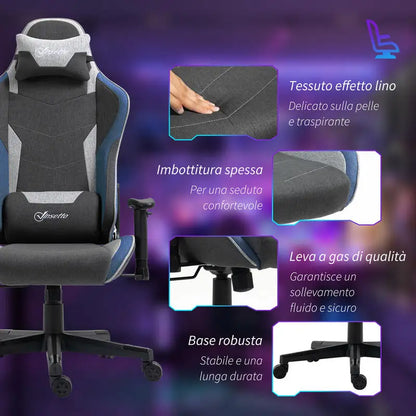 Gaming Chair Reclining 150 °   With Rocking Function, in Linen Effect Fabric, 66X53X128-138 Cm, Gray
