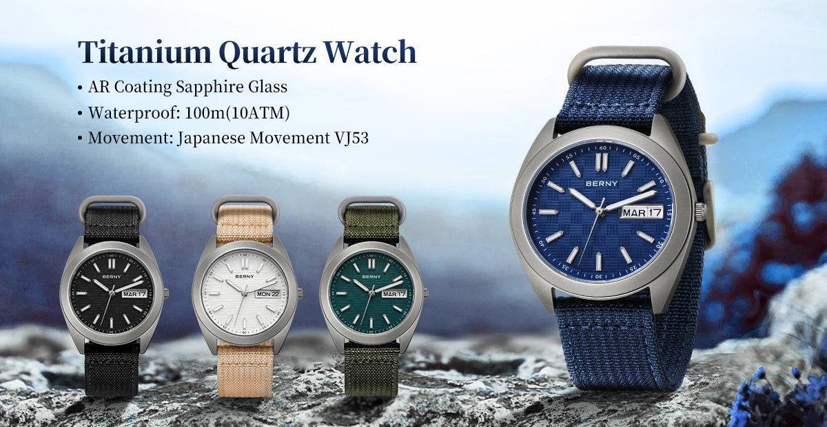 BERNY Titanium Watches for Men Date Week Calendar Sapphire Quartz Watch 38mm Super Luminous Men's Wristwatch 10ATM Lightweight