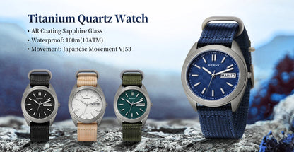 BERNY Titanium Watches for Men Date Week Calendar Sapphire Quartz Watch 38mm Super Luminous Men's Wristwatch 10ATM Lightweight