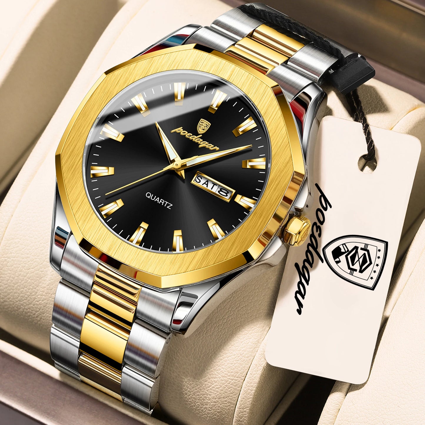 POEDAGAR Luxury Men Wristwatch Waterproof Luminous Week Date Casual Man Clock Stainless Steel Quartz Fashion Men's Watches Reloj