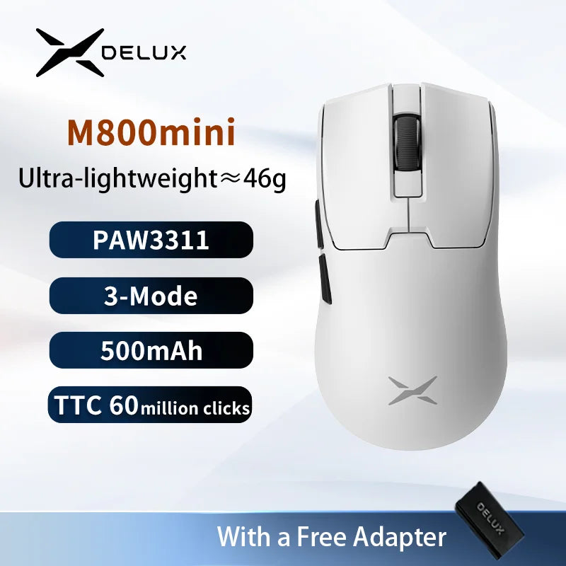 Delux M800mini Wireless Gaming Mouse, 46g Lightweight, PAW3395/PAW3311, 1KHz Polling Rate for Small to Medium Hand PC Gamer